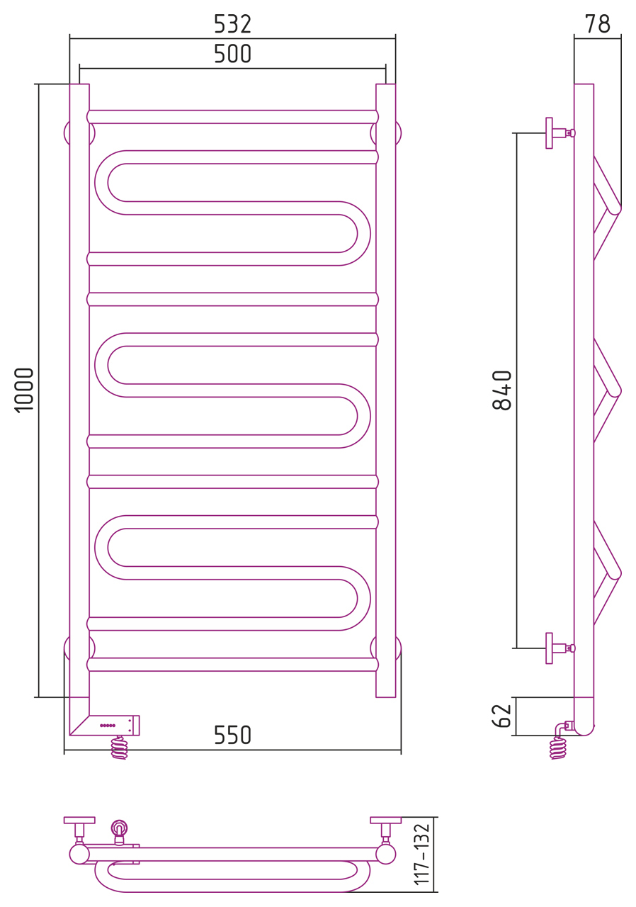 Полотенцесушитель электрический Сунержа Элегия 2.0 1000x500