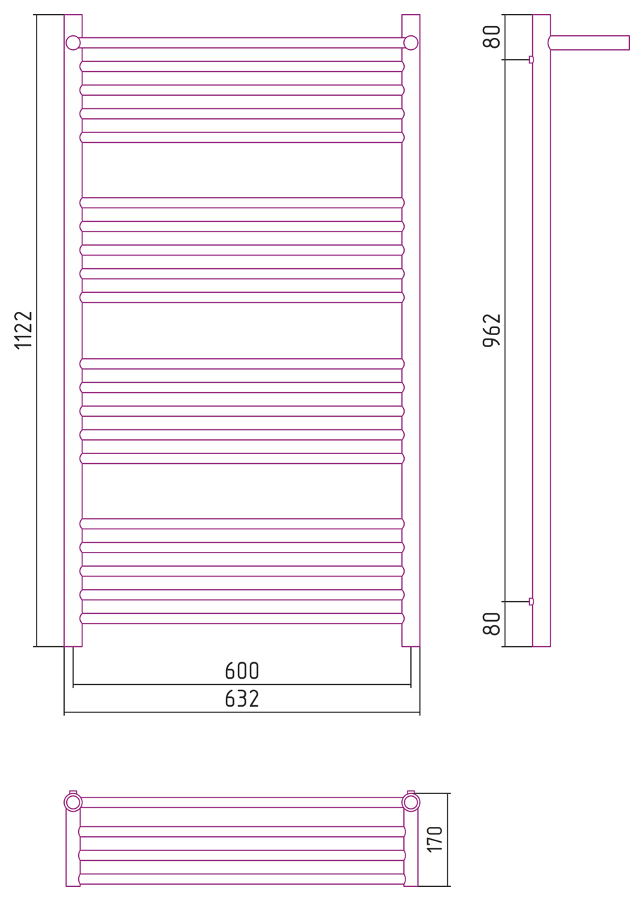 Полотенцесушитель комбинированный Сунержа Богема-ПРОФИ с 1 полкой 1200x600. 00-5103-1260